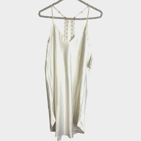 Flora Nikrooz NWT Medium White T Back Lace Silky Slip Dress - Picture 1 of 6
